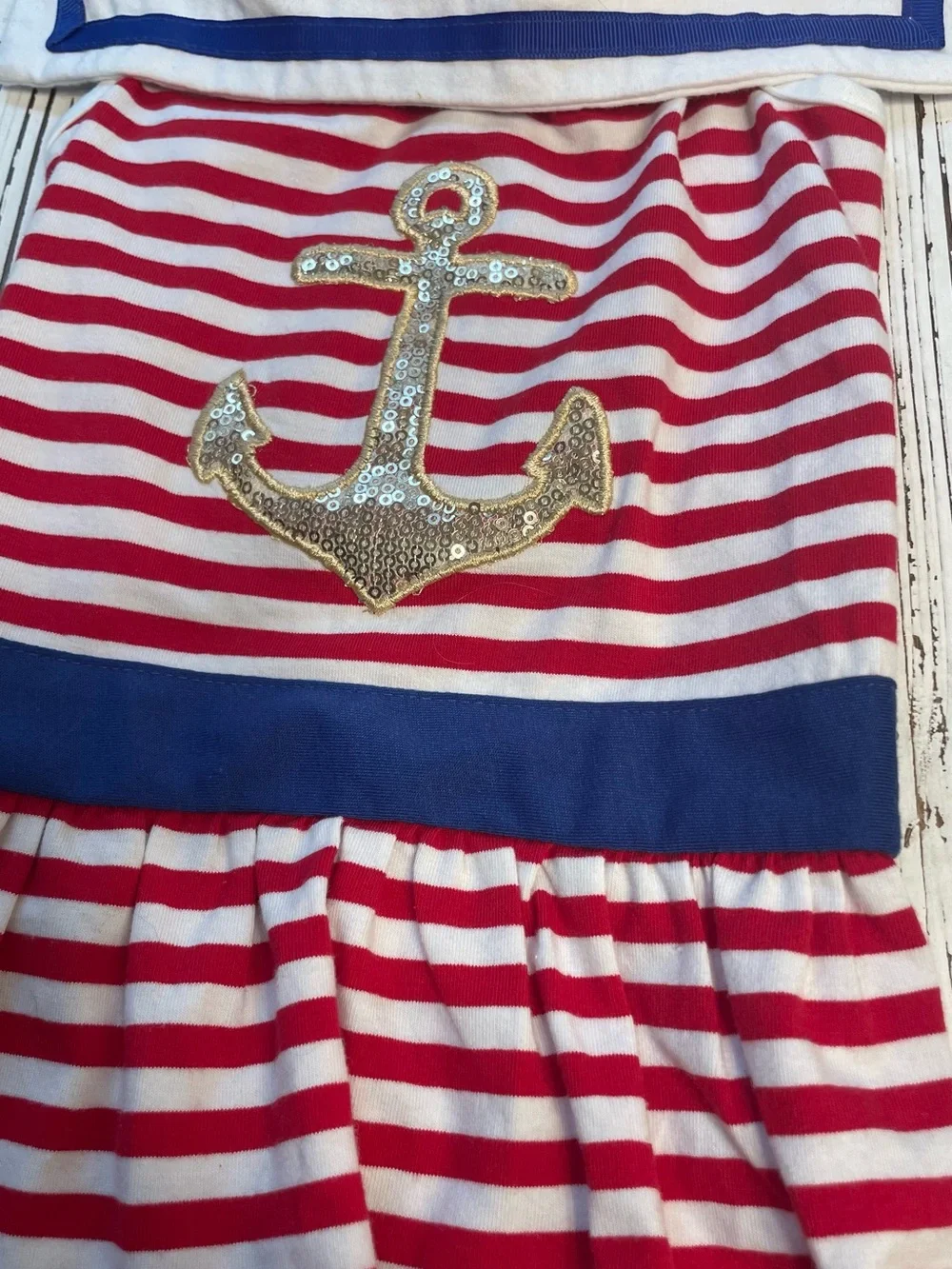 Nautical Red & White Striped Dog Dress with Gold Anchor